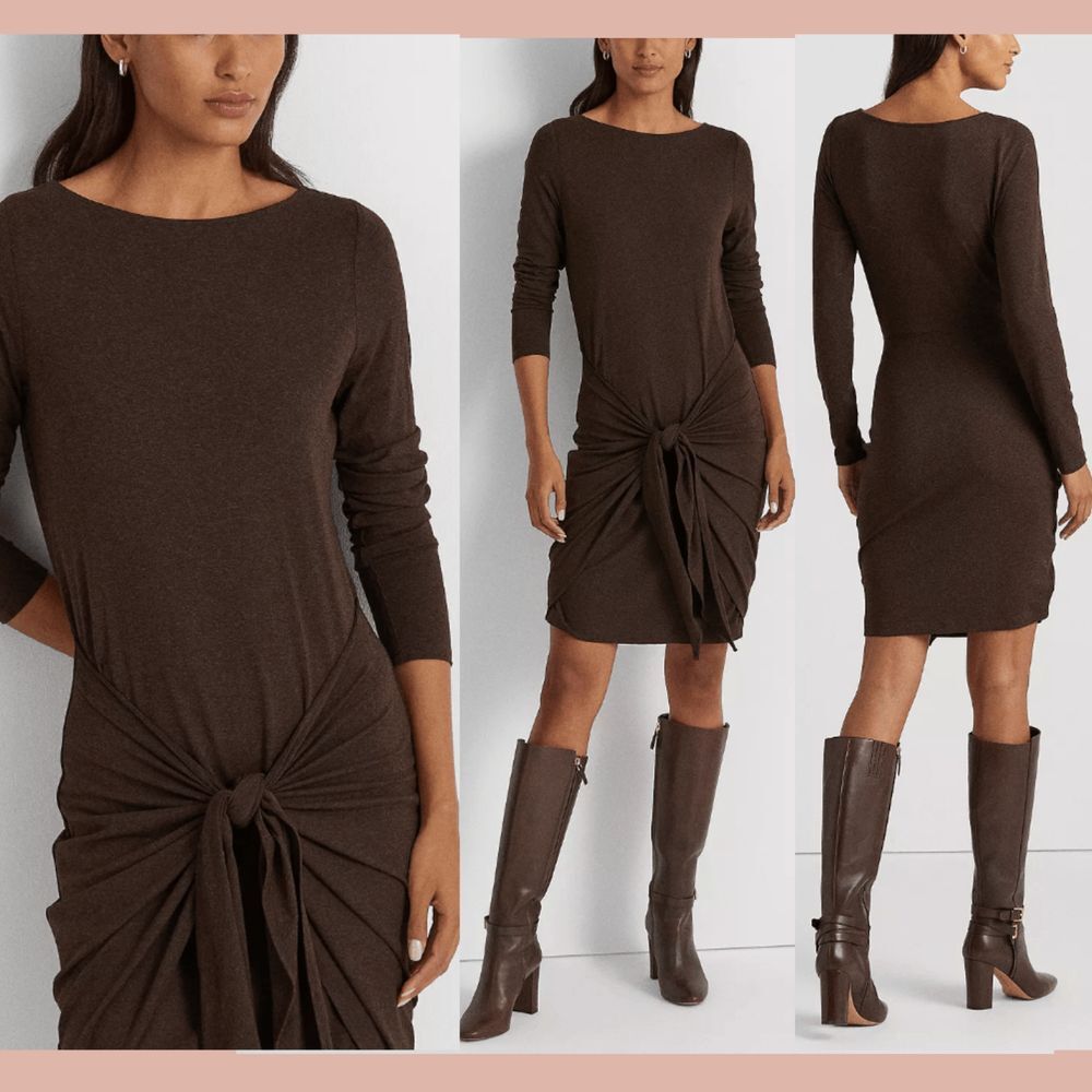 NWT‎ Lauren Ralph Lauren [ 14 ] Tie Waist Jersey Dress in Heather Brown